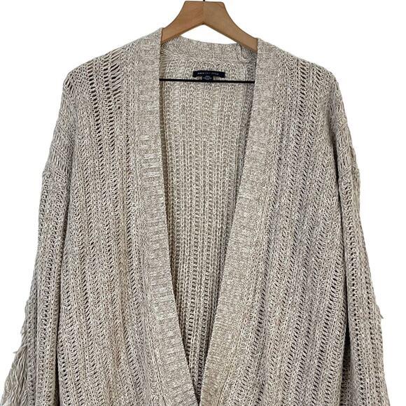 American Eagle Light Beige Open Front Knit Fringe Sleeve Cardigan Sweater XS - Picture 4 of 9